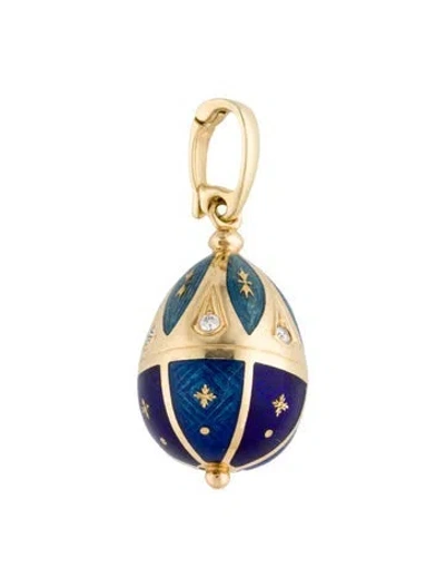 Pre-owned Fabergé 18k Diamond Enamel Egg Pendant In Blue