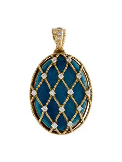 Pre-owned Fabergé 18k Guilloche Enamel & Diamond Treillage Locket Pendant With Hinge Clasp, 1.75" In Multi