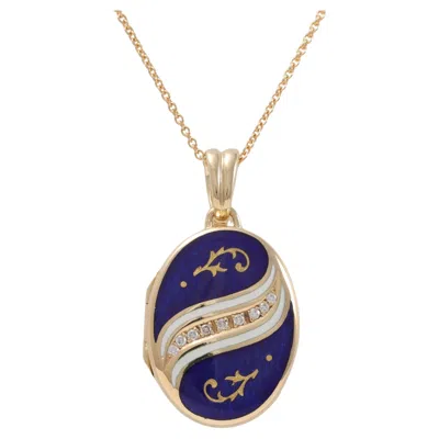 Pre-owned Fabergé 18k Yellow Gold Blue Guilloché Enamel Oval Locket With 9 Diamonds #2/150