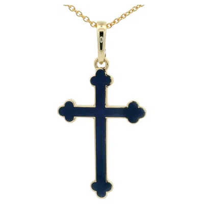 Pre-owned Fabergé 18k Yellow Gold Cross Pendant Royal Blue Guilloche Enamel Enhancer Bale