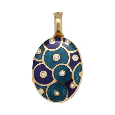 Pre-owned Fabergé 18k Yellow Gold Oval Blue Enamel Locket Pendant 10 Diamonds Total 0, 12c