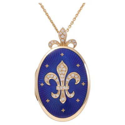 Pre-owned Fabergé 18k Yellow Gold Oval Blue Enamel Locket Pendant 37 Diamonds Fleur De Lys