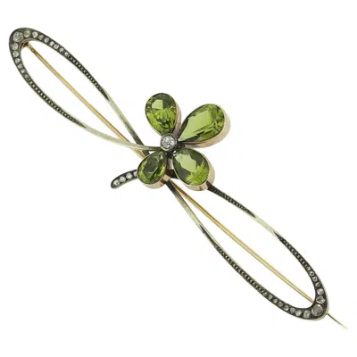 Pre-owned Fabergé Antique  Peridot Clover And Diamond Brooch In Multi