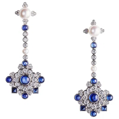 Pre-owned Fabergé Dentelle De Perles White Diamonds & Cabochon Blue Sapphire Stud Earrings