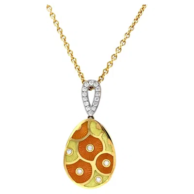 Pre-owned Fabergé Egg-silhouette Pendant Necklace 18k Yellow Gold Orange And Yellow Enamel