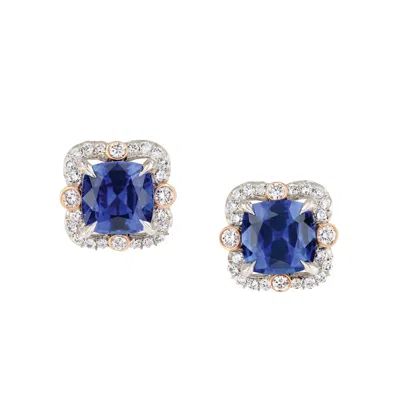 Pre-owned Fabergé Ella 2 Cushion Sapphires 3.49 Carat And Round White Diamonds Earrings