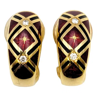Pre-owned Fabergé Guilloche Enamel And Diamond Half Hoop Earrings In 18 Karat Yellow Gold