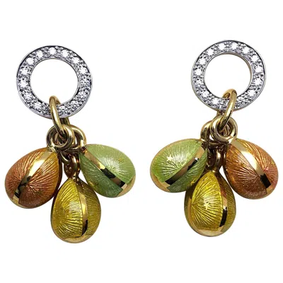 Pre-owned Fabergé Modern Faberge 18 Karat Gold Guilloche Enamel And .30 Carat Diamond Egg Earrings In Multi