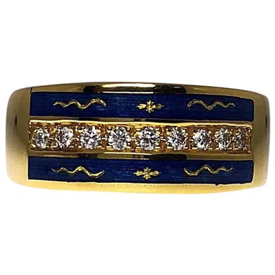 Pre-owned Fabergé Modern Faberge 18 Karat Yellow Gold And Blue Enamel Ring With Diamond Row