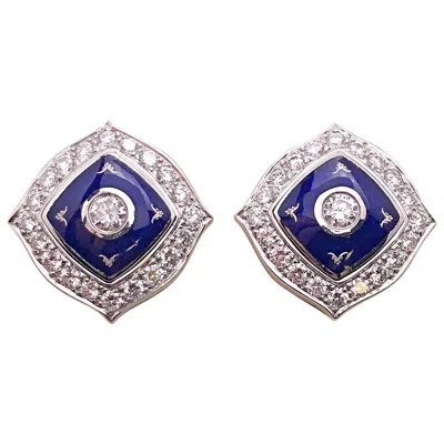 Pre-owned Fabergé Modern Faberge Diamond Prussian Blue Enamel Earrings