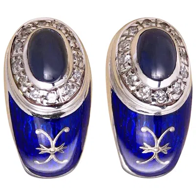 Pre-owned Fabergé Modern Faberge Gold Diamond Cabochon Sapphire And Enamel Earrings In Blue