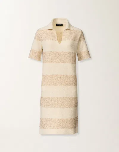 Fabiana Filippi Women Beige Stripes V Neck Midi Dress, Xl Luxury Dresses For Women Darveys In Brown