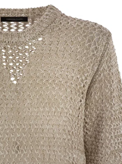 Fabiana Filippi Bicolor Cotton Mesh Short Sleeve Sweater In Beige
