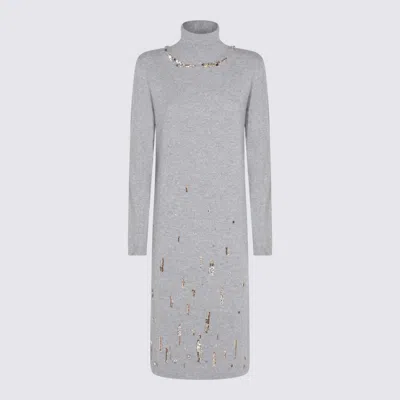 Fabiana Filippi Midi Dress With Embellished Neckline And Long Sleeves In Gray