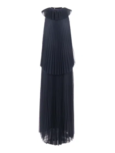Fabiana Filippi Abito Lungo Collo Vogatore Con Balza In Tulle Plisse' In Blue