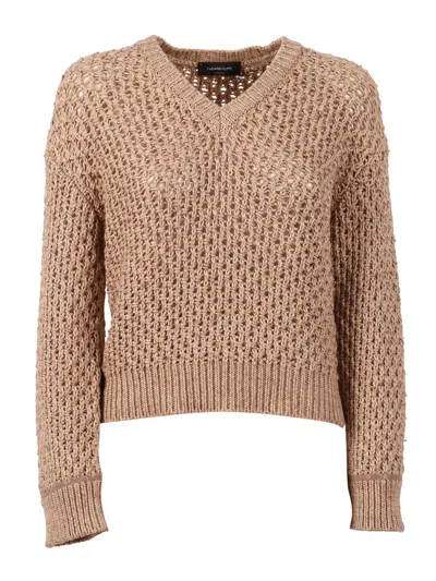 Fabiana Filippi Acero Crochet Knit V Neck Sweater In Brown
