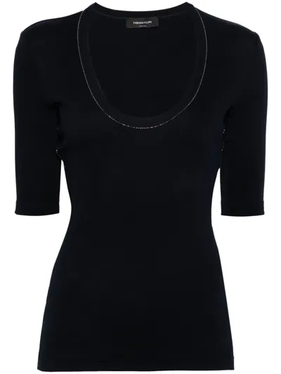 Fabiana Filippi Bead-detailing Ribbed T-shirt In 蓝色