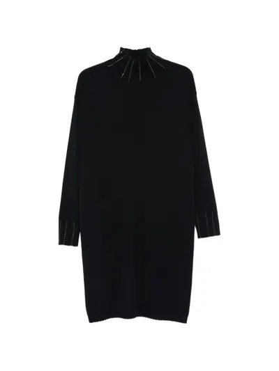 Fabiana Filippi High Neck Embellished Knit Knee Length Dress In Black