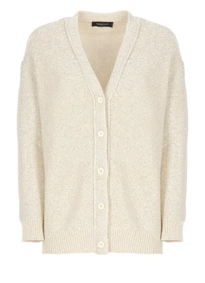 FABIANA FILIPPI BEIGE COTTON BLEND CARDIGAN WITH ALL-OVER PAILLETTES