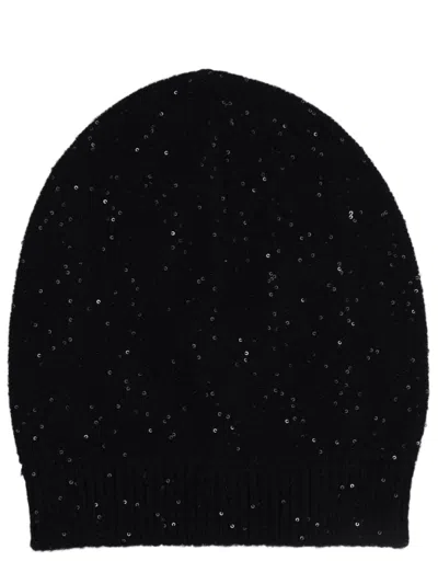 Fabiana Filippi Black Embellished Knit Wool-blend Hat In Red
