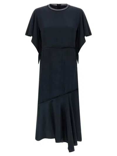 Fabiana Filippi Dress Ruffle Detail Asymmetrical Hem Round Neckline In Blue