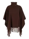 Fabiana Filippi Brown Cape With High Neck And Fringed Hem In Wool Blend Woman In Brown