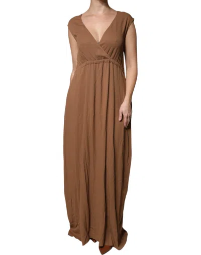 Pre-owned Fabiana Filippi Brown Sleeveless Deep V-neck A-line Long Maxi Women's Dress ()