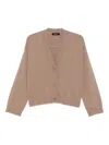 Fabiana Filippi Long Sleeve V Neck Top With Ribbed Cuffs And Hem In Brown