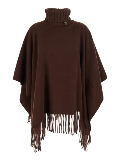 Fabiana Filippi Turtleneck Fringe Poncho In Brown