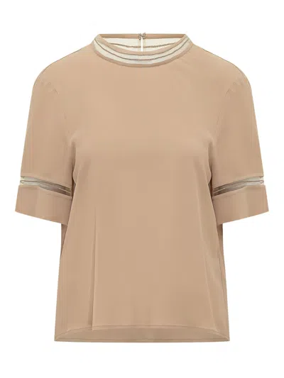 Fabiana Filippi Chic Mini Top With Unique Insert And Cut Sleeves In Neutral