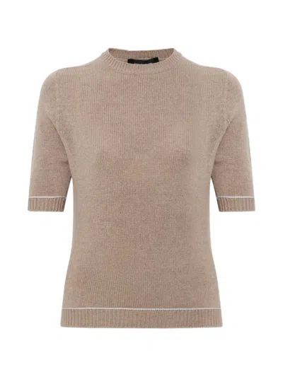Fabiana Filippi Cashmere Silk Wool Ribbed Short-sleeve Crewneck Sweater In Neutral