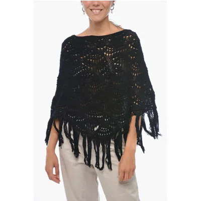 Fabiana Filippi Cotton Crochet Cape With Fringed Bottom In Black
