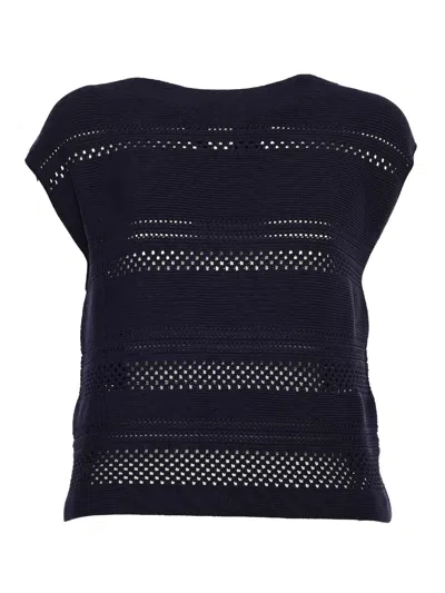 Fabiana Filippi Cotton Multistitch Boatneck Collar Short Sleeve Sweater In Blue
