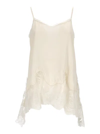 Fabiana Filippi Crepe De Chine Long Lingerie Top With Lace Trims In Neutral