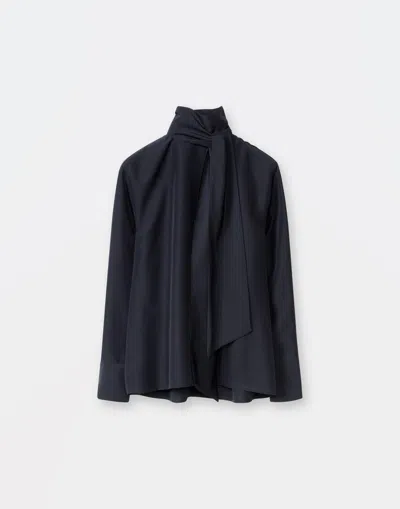 Fabiana Filippi Crepe De Chine Long Sleeve Top With Foulard Detail On Collar In Midnight Blue