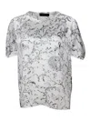 FABIANA FILIPPI CREW-NECK, SHORT-SLEEVED, OVERSIZED SILK SHIRT WITH BRANCH PATTERNED PRINT