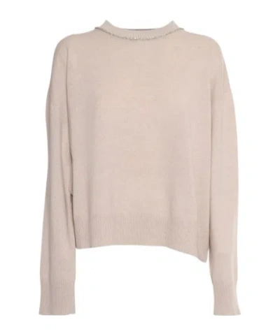 Fabiana Filippi Crew Neck Sweater With Sequin Trim Detail In Beige
