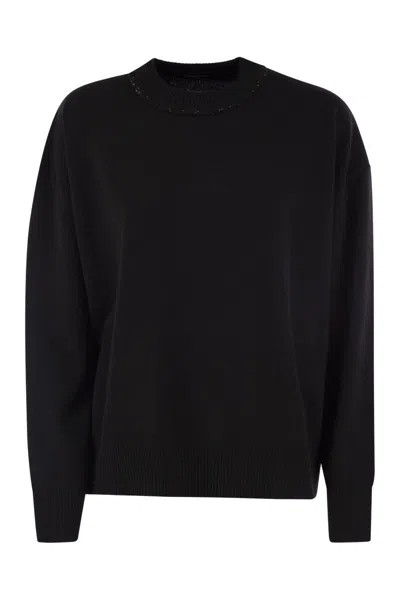 Fabiana Filippi Black Crewneck Sweater With Micro Paillettes In Wool