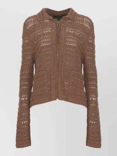 Fabiana Filippi Crochet Knit Cardigan Long Sleeves Sequins Pockets In Brown
