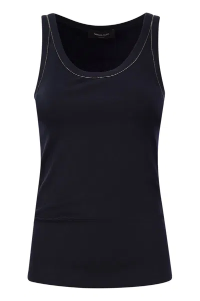 Fabiana Filippi Essential Ribbed Cotton T-shirt Tank Top With Diamond Thread Embroidery In Blue