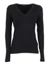 Fabiana Filippi Ribbed Cotton V Neck Long Sleeve T-shirt With Tulle Trim In Black