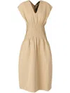Fabiana Filippi Linen Dress With Gathered Waistline And V-neckline In Neutral