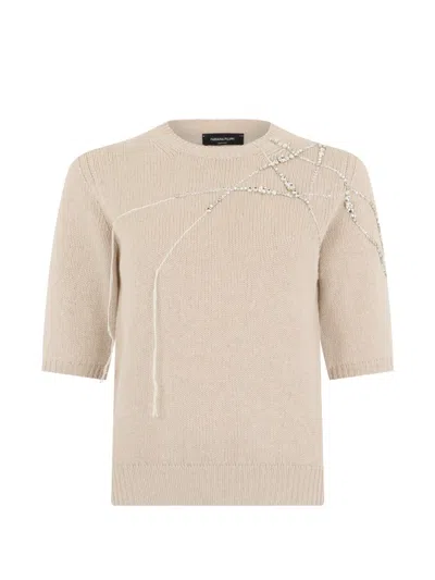Fabiana Filippi Gauze Crystal-embellished Short-sleeve Sweater In Nude
