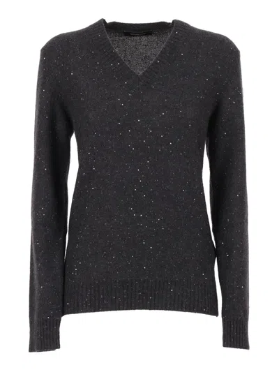 Fabiana Filippi Long-sleeved V-neck Knit Sweater With Iridescent Sequins In Gray