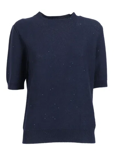 Fabiana Filippi Sequin Short Sleeve Crew Neck Sweater In Blue