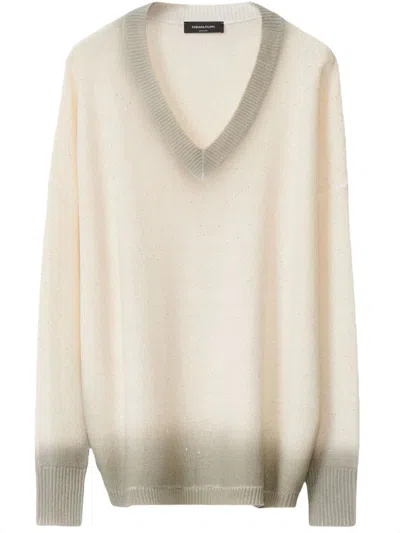 Fabiana Filippi Gradient Effect White Sweater With Deep V-neckline In Neutral