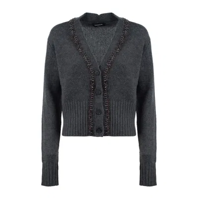 Fabiana Filippi Gray Cashmere Cardigan With Gemstone Embroidery