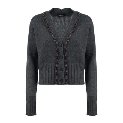 Fabiana Filippi Gray Cashmere Cardigan With Gemstone Embroidery In Black