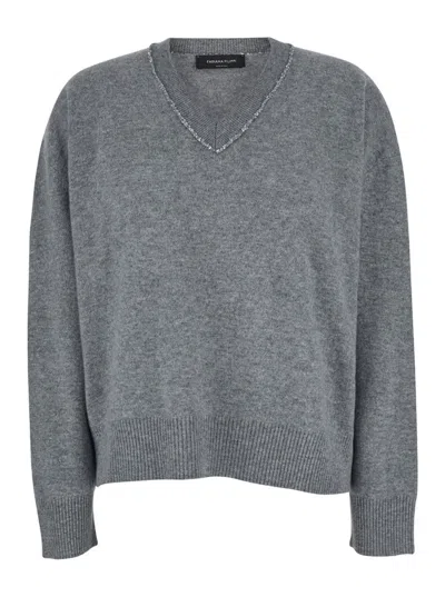 Fabiana Filippi Grey Sweater With V Neck And Micro Sequins In Wool Blend In Gray
