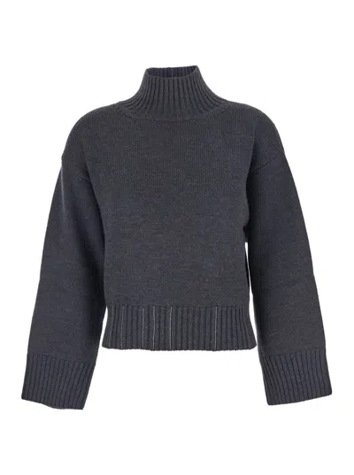 Fabiana Filippi Grey Turtleneck Sweater With Beaded Embroidery On The Waist And Dropped Shoulders In Wool Woman In Black